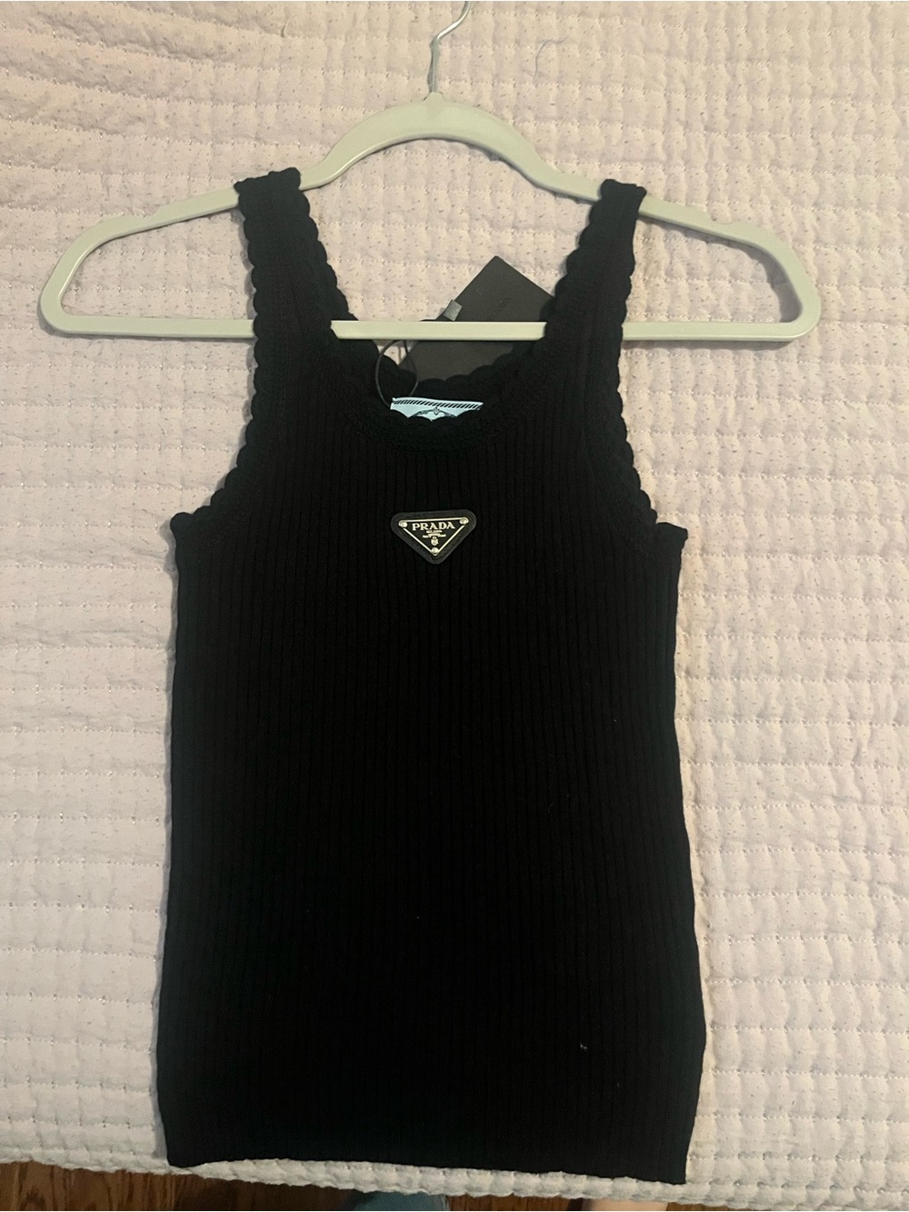Authentic Prada Black Ribbed Knit Tank with Logo Plaque